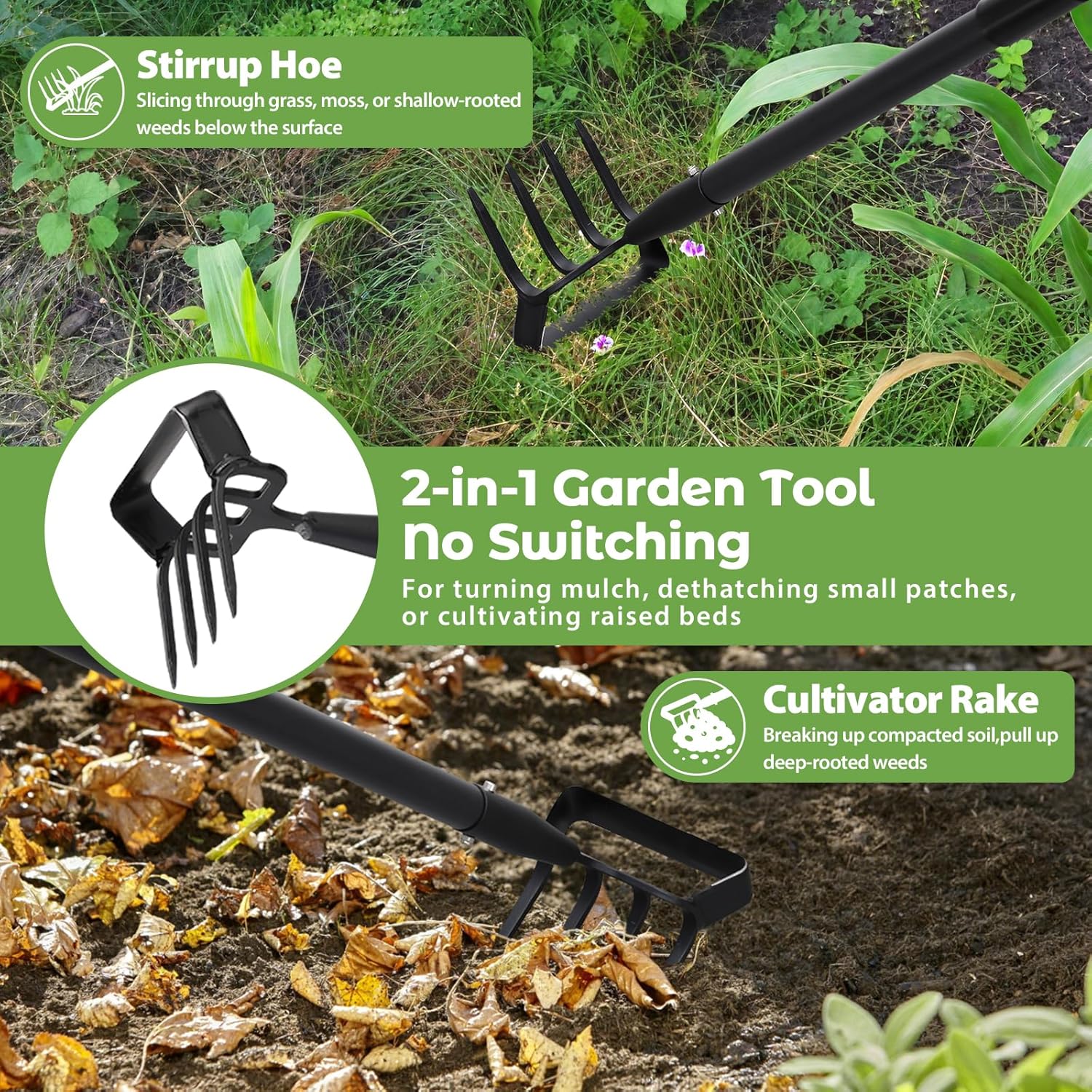 Garden Hoe,2 in 1 Heavy Duty Stirrup Hoe and Cultivator Gardening Tool Set with 62 inch Long Handle,Lightweight Hoes