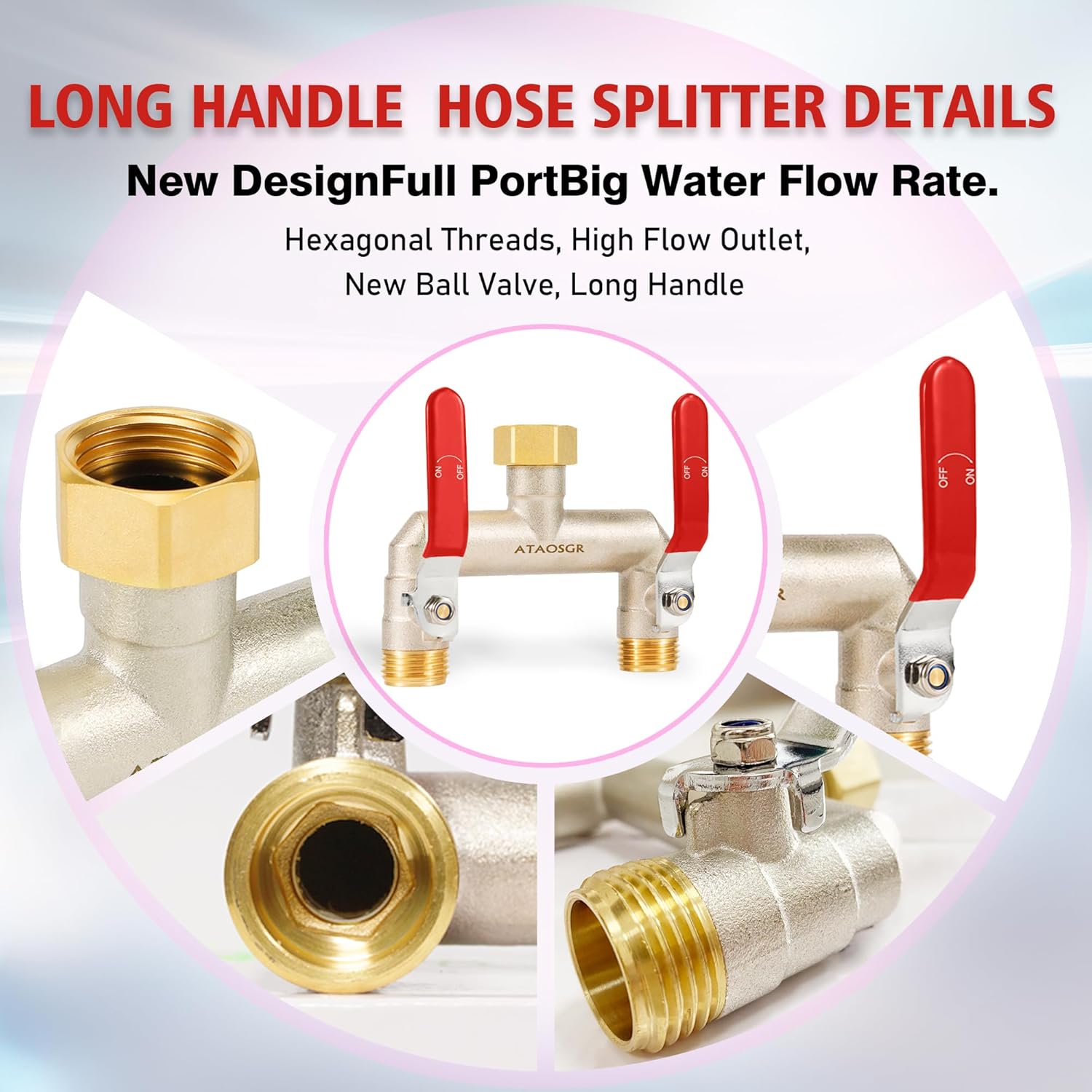 Garden Hose Splitter, 2 Way Heavy Duty Outdoor Faucet Splitter, Extra Long Handles High Flow Hose Adapter,with Shutoff