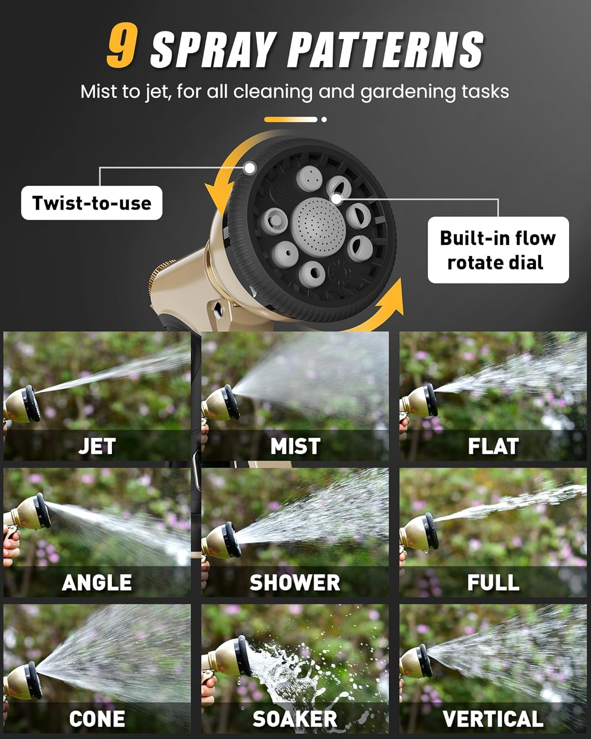 RAINPOINT Garden Hose Nozzle, Hose Sprayer Nozzle with 9 Spray Patterns, High Pressure Water Hose Nozzle Heavy Duty