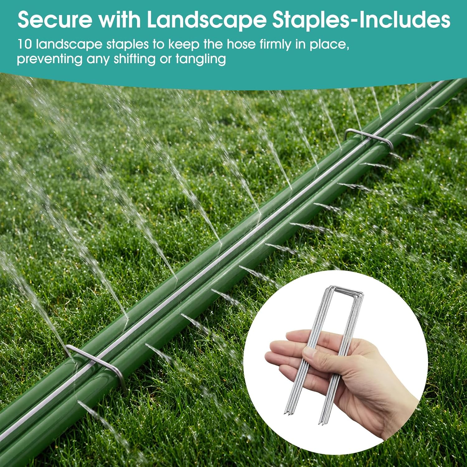 50 FT Soaker Hose for Garden Lawn, Water Saving Sprinkler Hose | Flat Irrigation Hose with 10 Stakes, Multi Directional