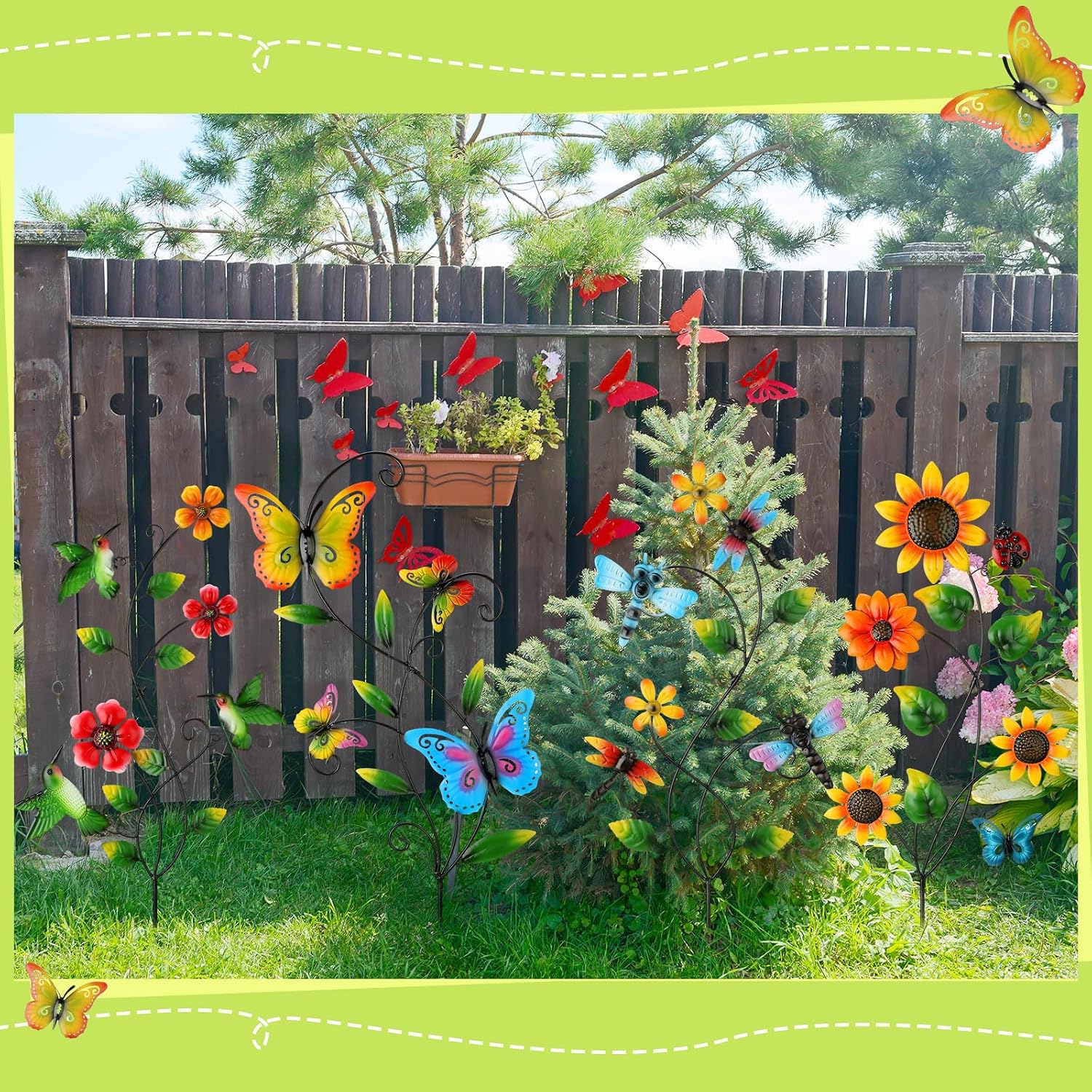 4 Pcs Butterfly Metal Garden Stakes Hummingbird Sunflower Dragonfly Flowers Garden Stake Decor Metal Wall Decor Trellis