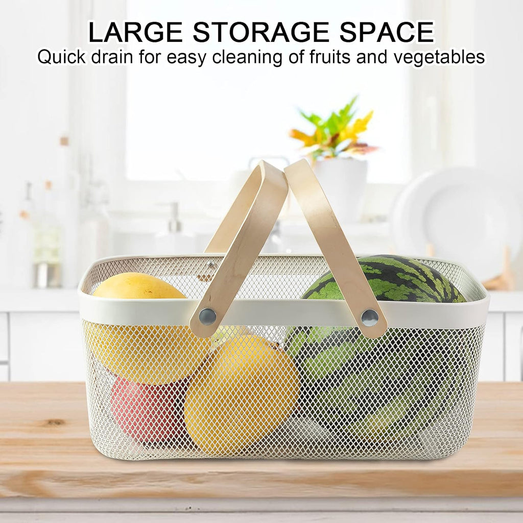Portable Garden Harvest Basket-Mesh Design Natural Bamboo Handle Wire Storage Baskets,Mesh Basket with Handle Organize