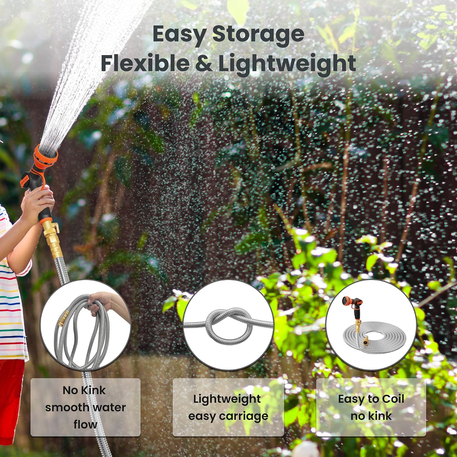 Giraffe Tools Garden Hose 50ft x 5/8", 304 Stainless Steel Metal Water Hose | Kink Free Garden Water Hose with 9