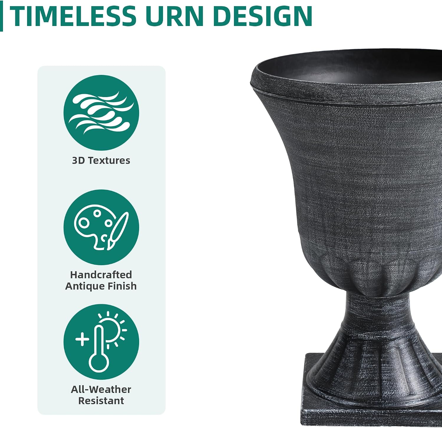 Autodaya 22" Tall Urn Planters for Outdoor Plants Set of 2 Large Flower Pot | 3D Textured Washed Black Pedestal Outdoor