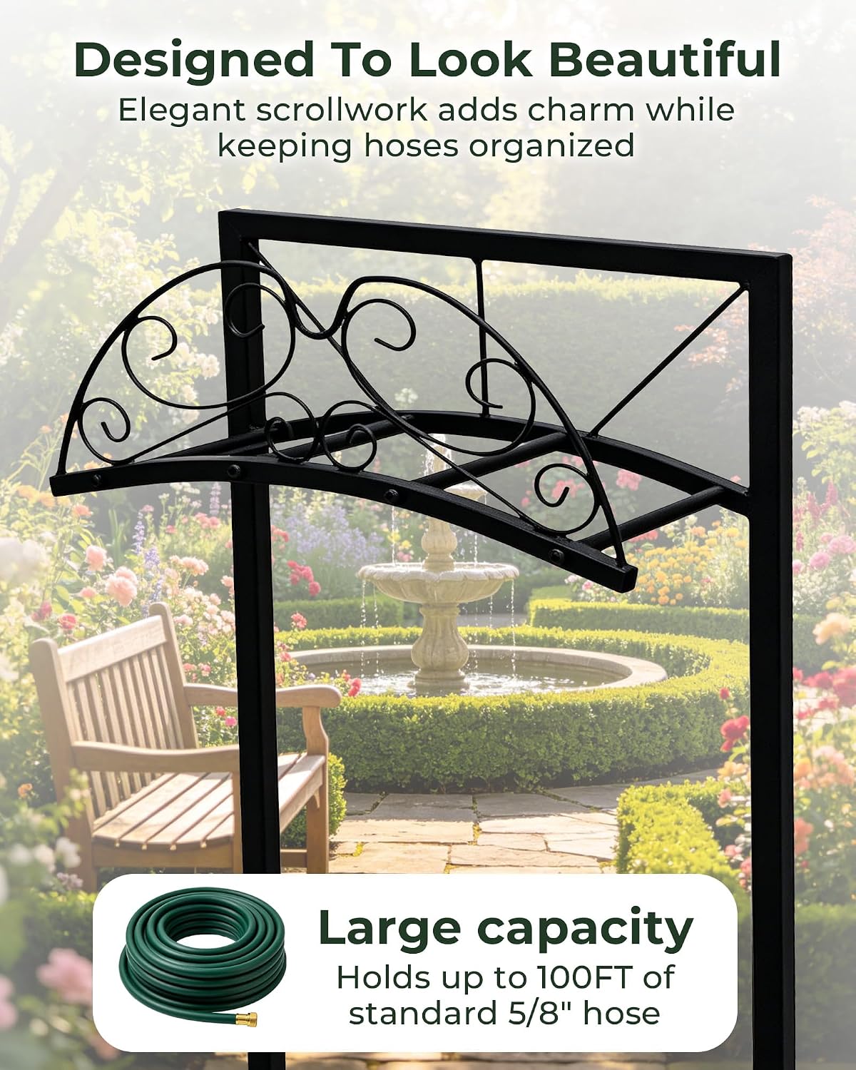 Garden Hose Holder Stand, Heavy Duty Freestanding Metal Rack | Reinforced Triangle Support, Dual Ground Stakes &