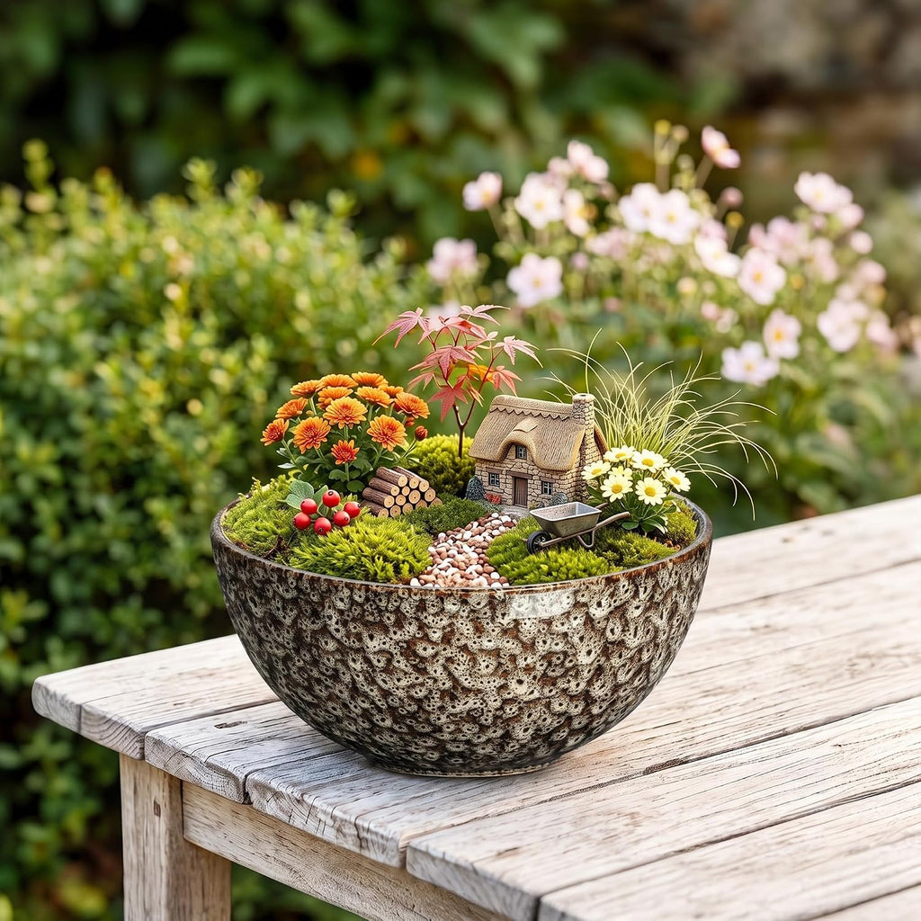 Bowl Planter, 8 Inch Ceramic Succulent Pots, White Leopard | Round Bonsai Pots for Indoor Plants Outdoor, Flower Bowl