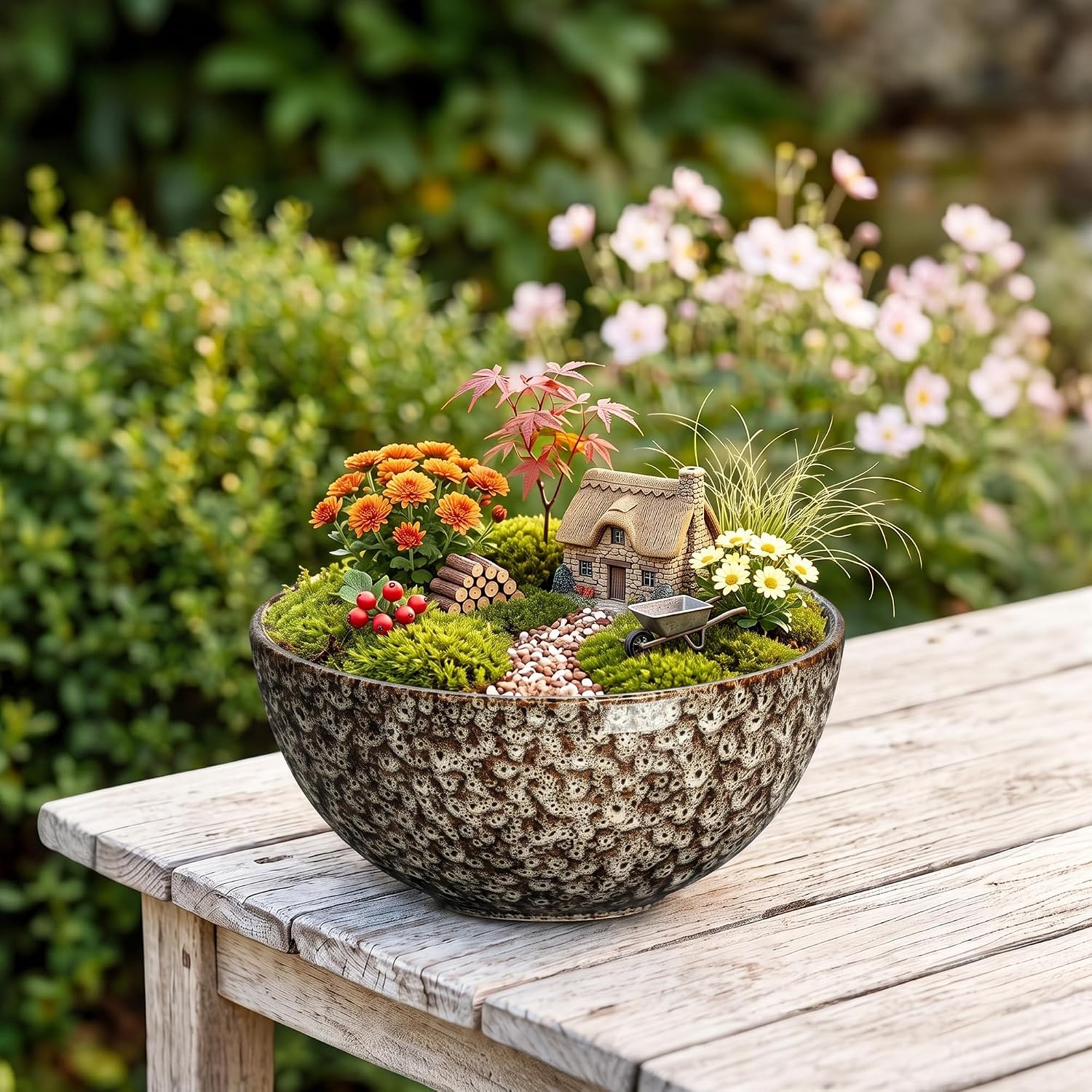 Bowl Planter, 8 Inch Ceramic Succulent Pots, White Leopard | Round Bonsai Pots for Indoor Plants Outdoor, Flower Bowl