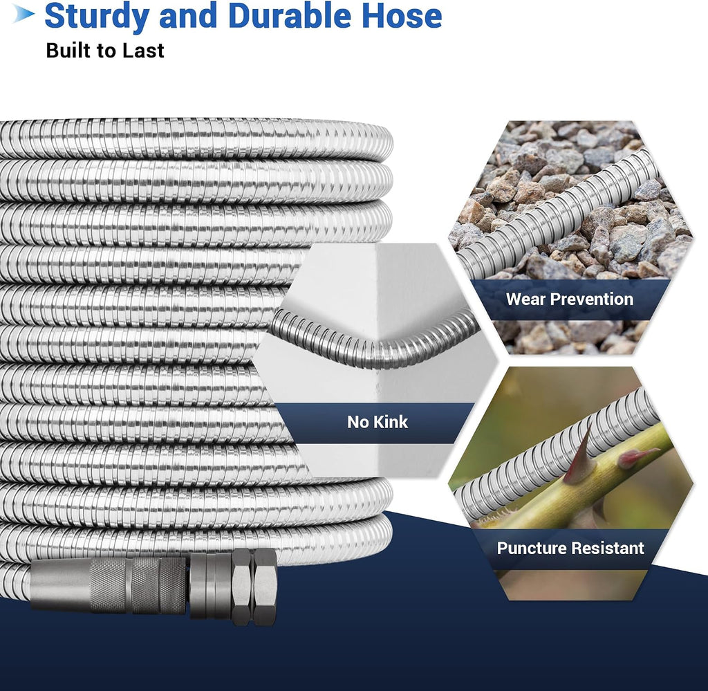 50 FT Stainless Steel Garden Hose – Heavy Duty 50FT Metal Water Hose Pipe | 304 Steel, No-Kink, Puncture Resistant