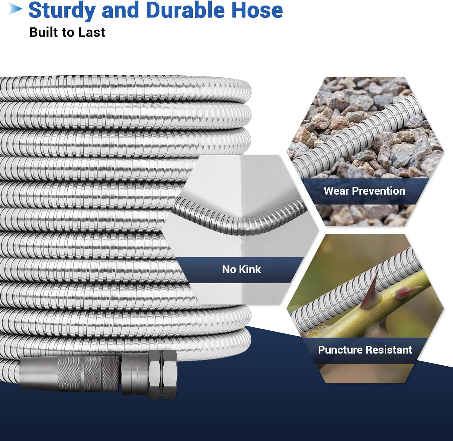 50 FT Stainless Steel Garden Hose – Heavy Duty 50FT Metal Water Hose Pipe | 304 Steel, No-Kink, Puncture Resistant