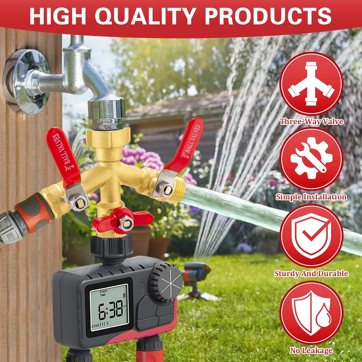 High Flow 3 Way Hose Splitter, Heavy Duty Brass Garden Hose Splitter,Water Hose Spigot Splitter with Easy-Grip Metal