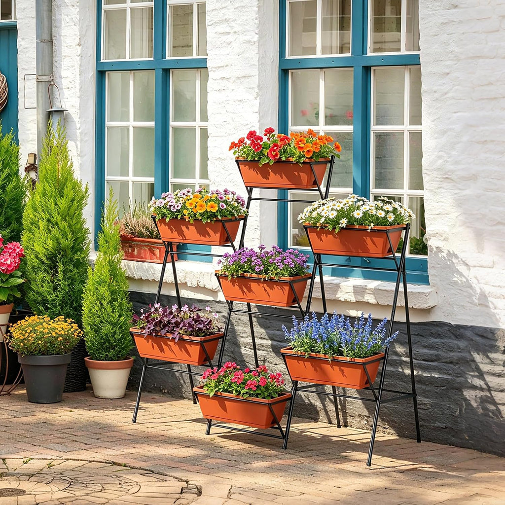 Raised Garden Bed Tiered Vertical Standing Planter Box Outdoor, Red | Metal, 7 Individual Planter Boxes, for