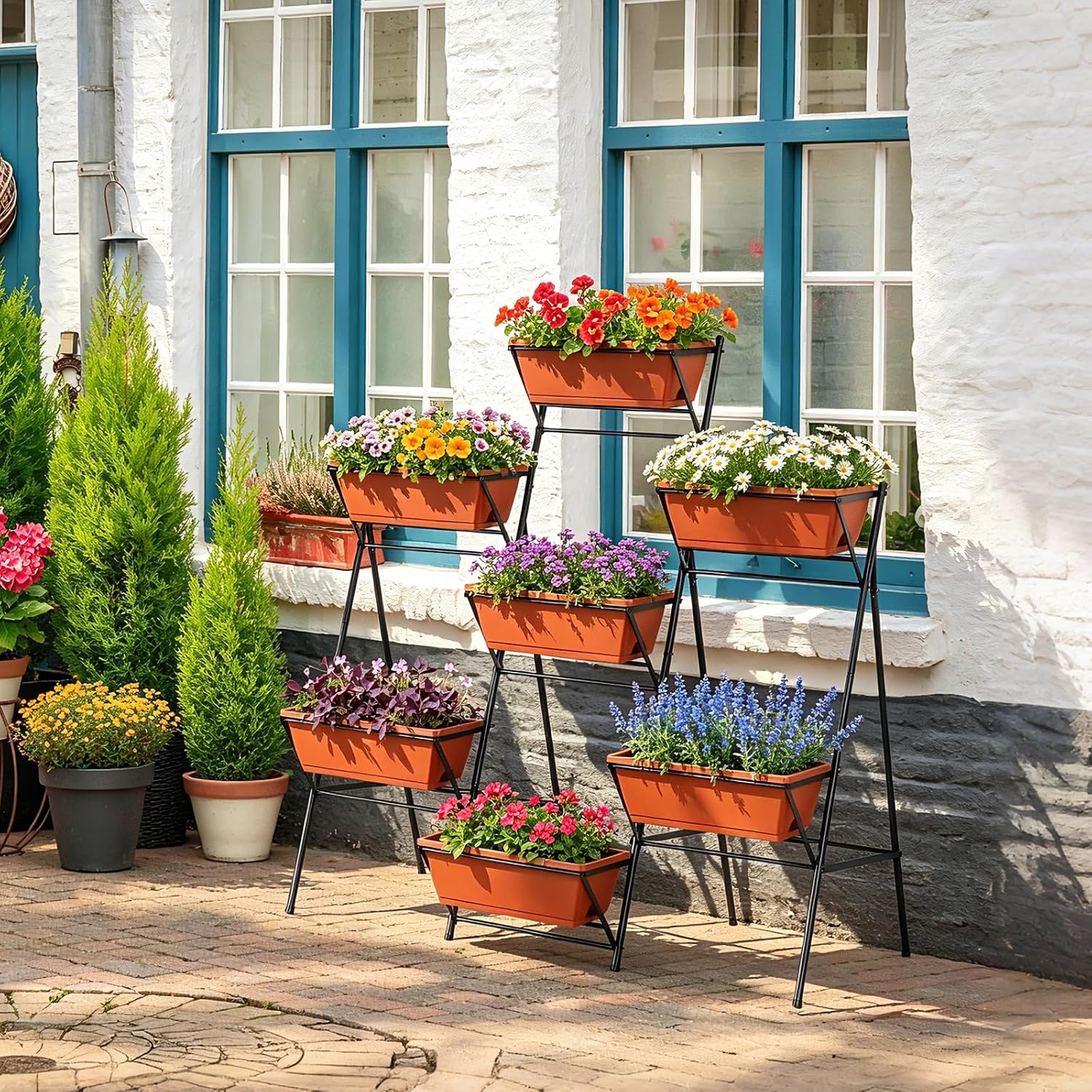 Raised Garden Bed Tiered Vertical Standing Planter Box Outdoor, Red | Metal, 7 Individual Planter Boxes, for