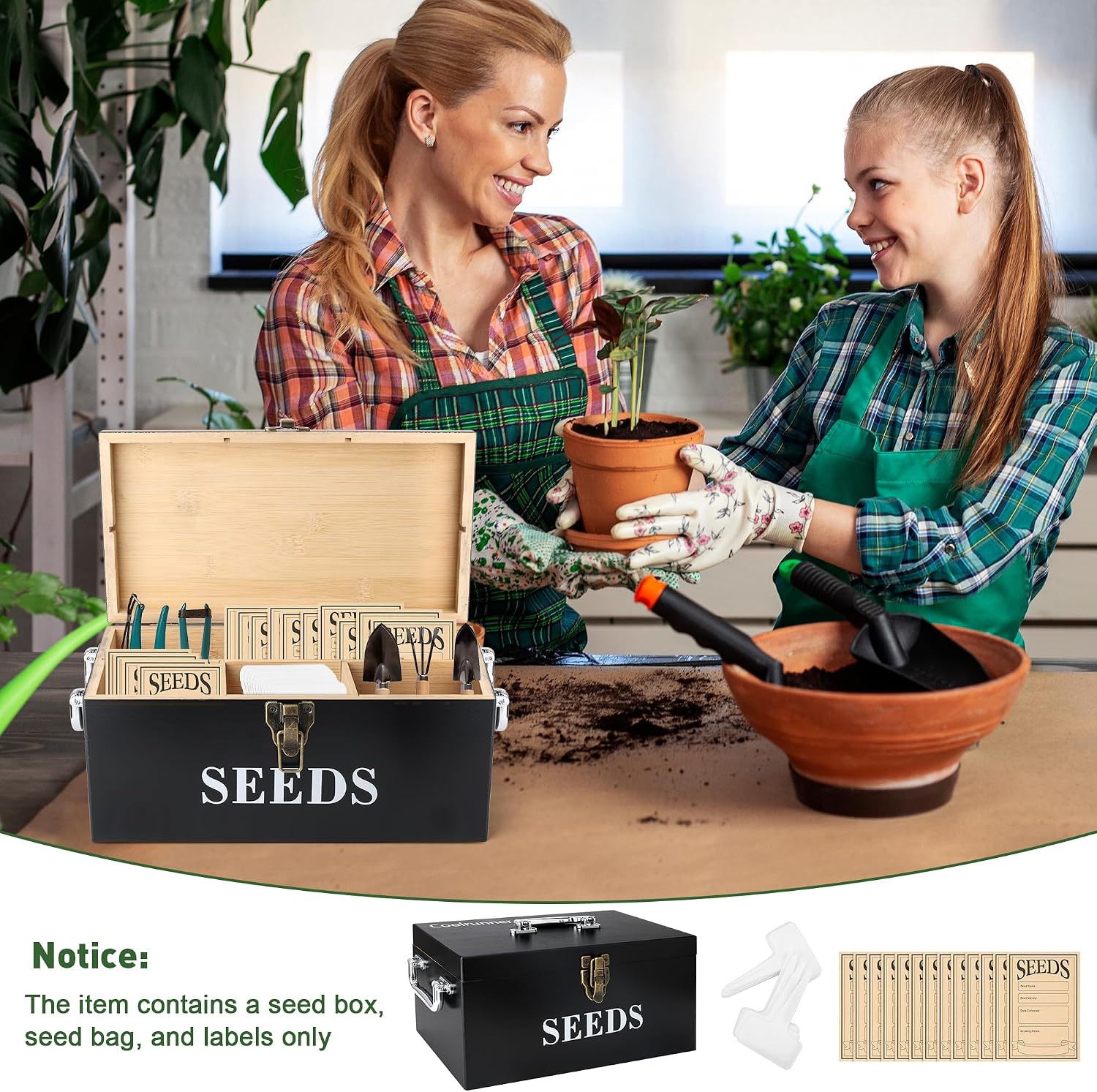 Coolrunner Wood Seed Saving Box, Seed Storage Organizer Case | Seed Packet Storage Organizer with Lock and 3 Handles