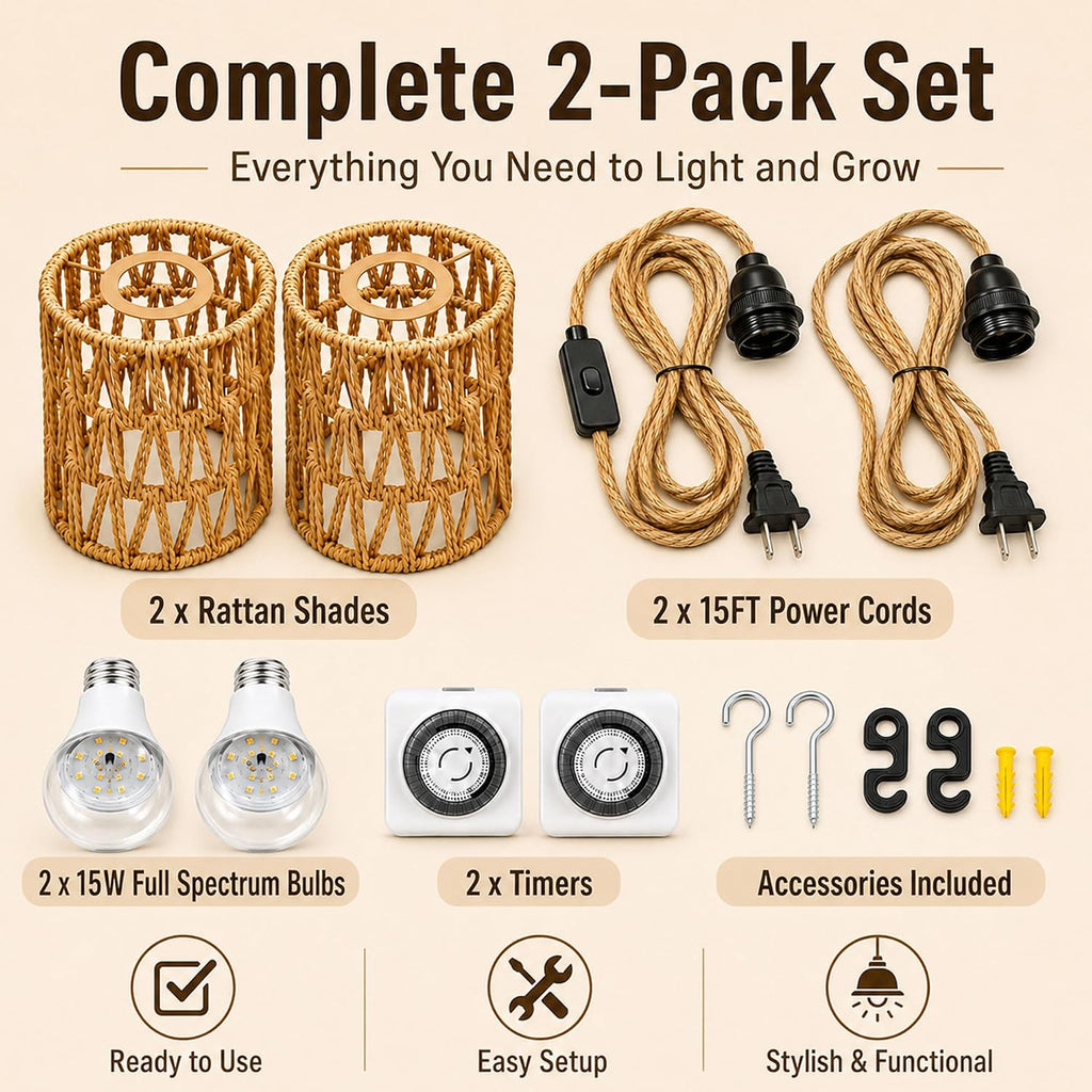 2 Pack Hanging Grow Lights for Indoor Plants Boho Rattan Plant Light | 15FT Power Cord with Timer, 15W Full Spectrum