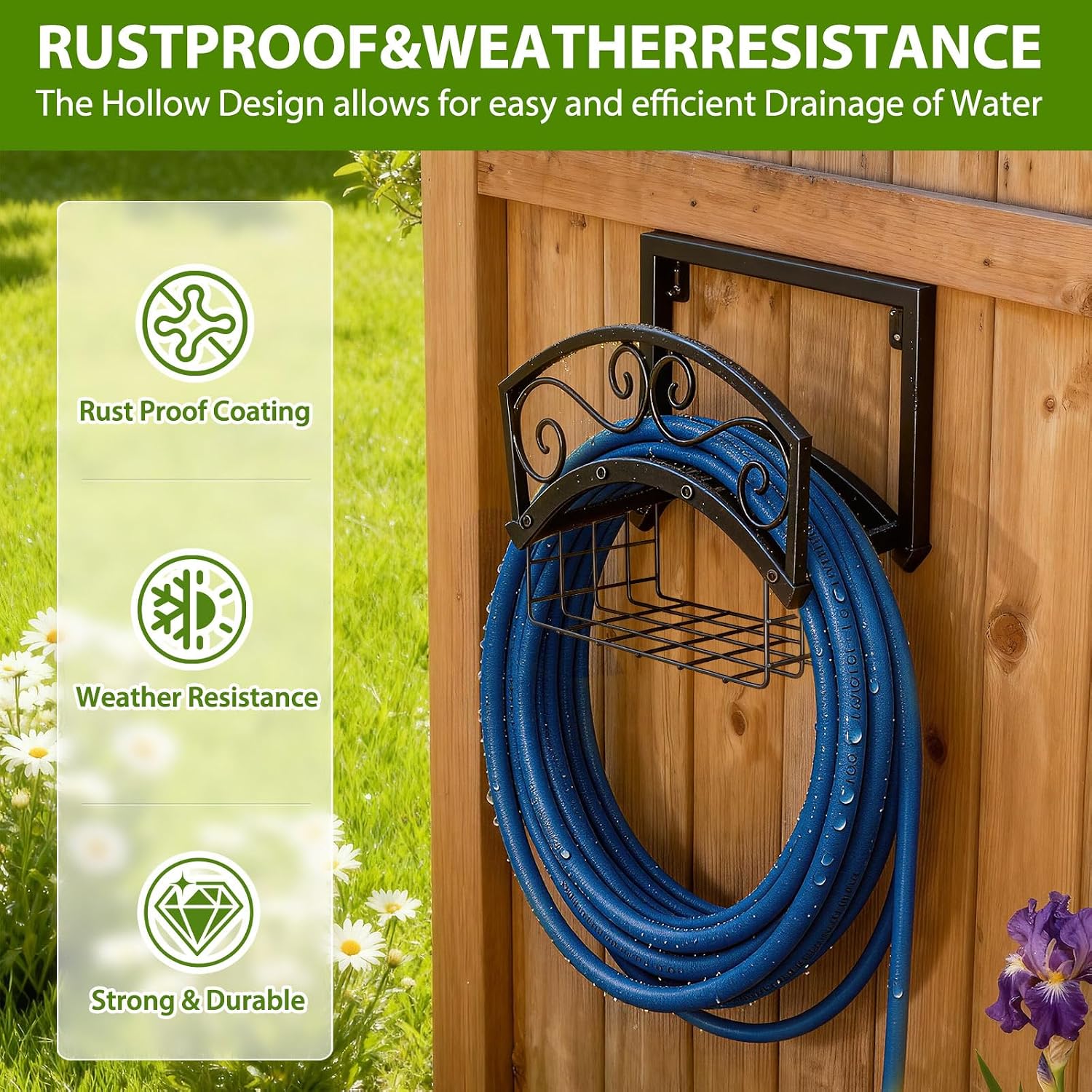 Garden Hose Holder Wall Mount, Metal Water Hose Holder with Basket | 150FT, Heavy Duty, Durable, Weather-Proof Hose