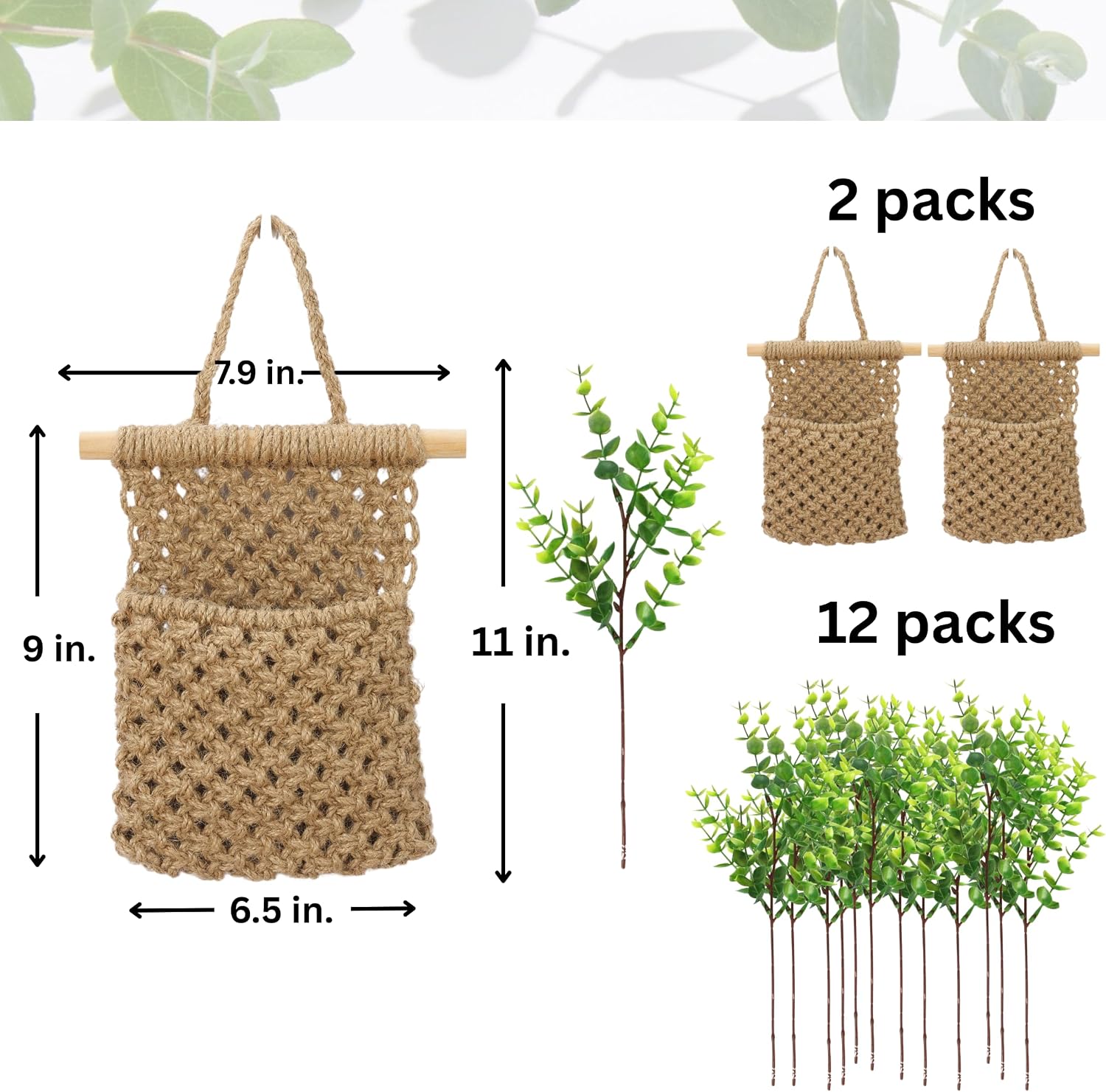 2 Packs Macrame Wall Planters with Faux Eucalyptus, Wall Decor | Hanging basket for wall plant, Wall Plant Holder, Wall