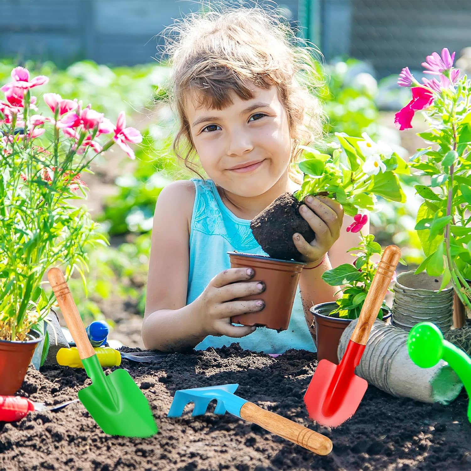 Gisafai 24 Pcs Kids Gardening Tools Set Metal Kids Garden Tools with Sturdy Wooden Handle Safe Toddler Gardening Set