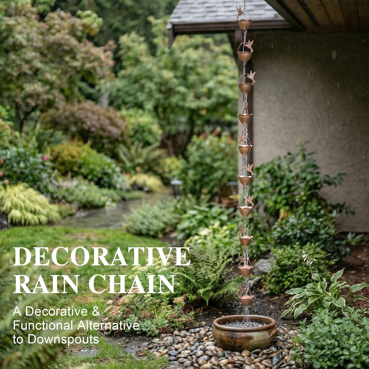 DUSVALLY 8FT Hummingbird Rain Chain for Gutters, Copper-Tone Metal | 12 Flower Cups • Hummingbird Design • Copper-Tone