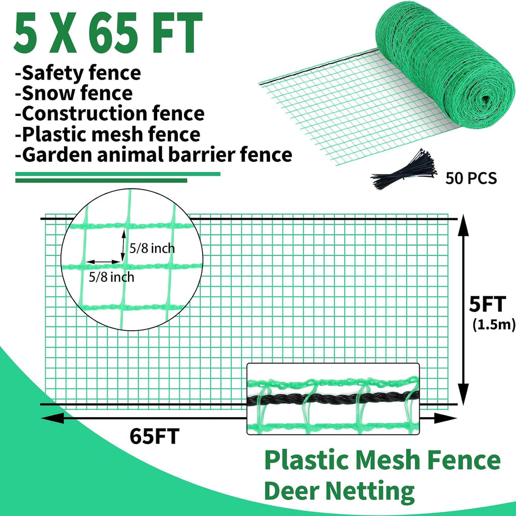 5x65ft Deer Fence Netting, Temporary Fence for Garden, Plastic Mesh Fence | Garden Fence Animal Barrier Against Deer &