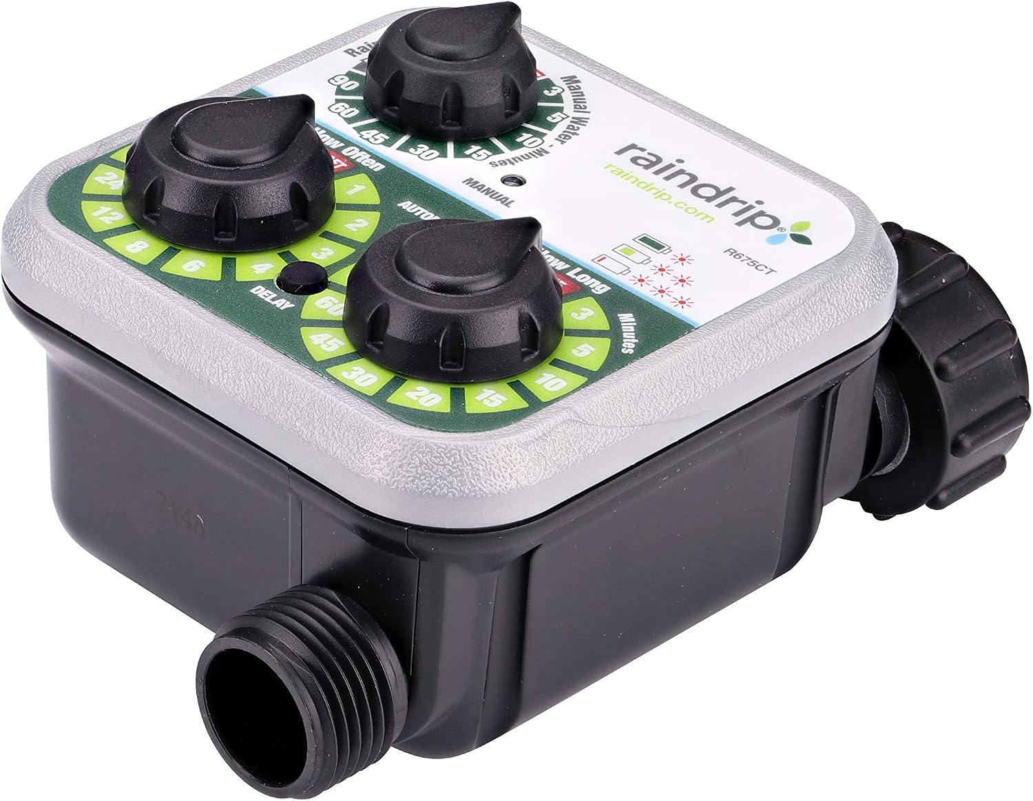 Raindrip R675CT Analog 3-Dial Water, Sprinkler Timer with Rain Delay for Drip Irrigation, Garden, Self-Watering
