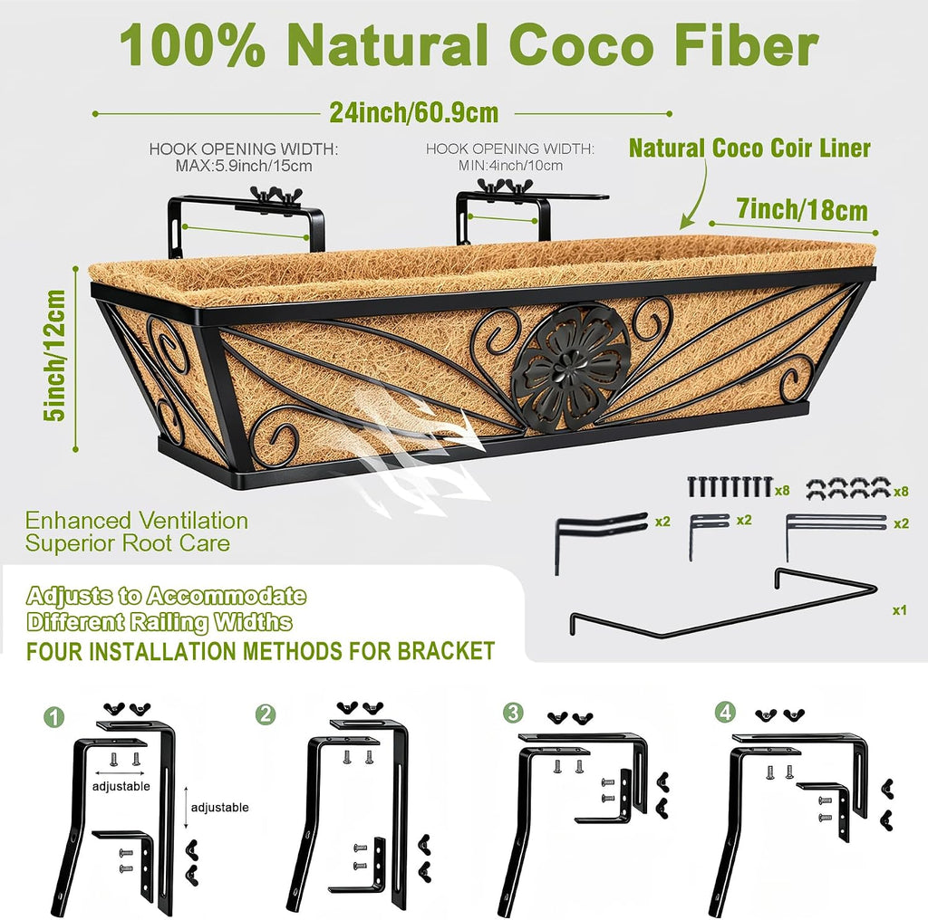 4 Pack 24 Inch Railing Planter Boxes | With Coco Liner, Floral Scroll Metal Window Box Planters, Classic Scrollwork