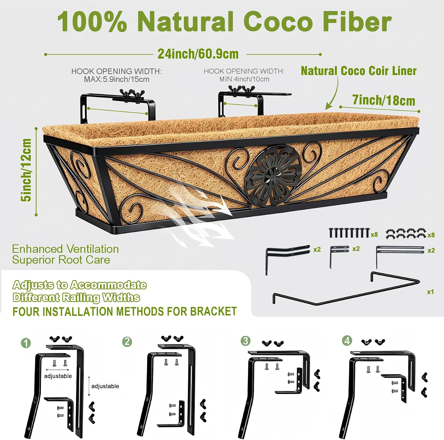 4 Pack 24 Inch Railing Planter Boxes | With Coco Liner, Floral Scroll Metal Window Box Planters, Classic Scrollwork