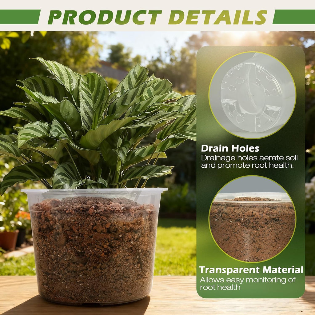 4/6/8/10 Inch Large Size Clear Nursery Pots for Plants, 16 Pack Plastic Plant Pots with Drainage Holes, Durable
