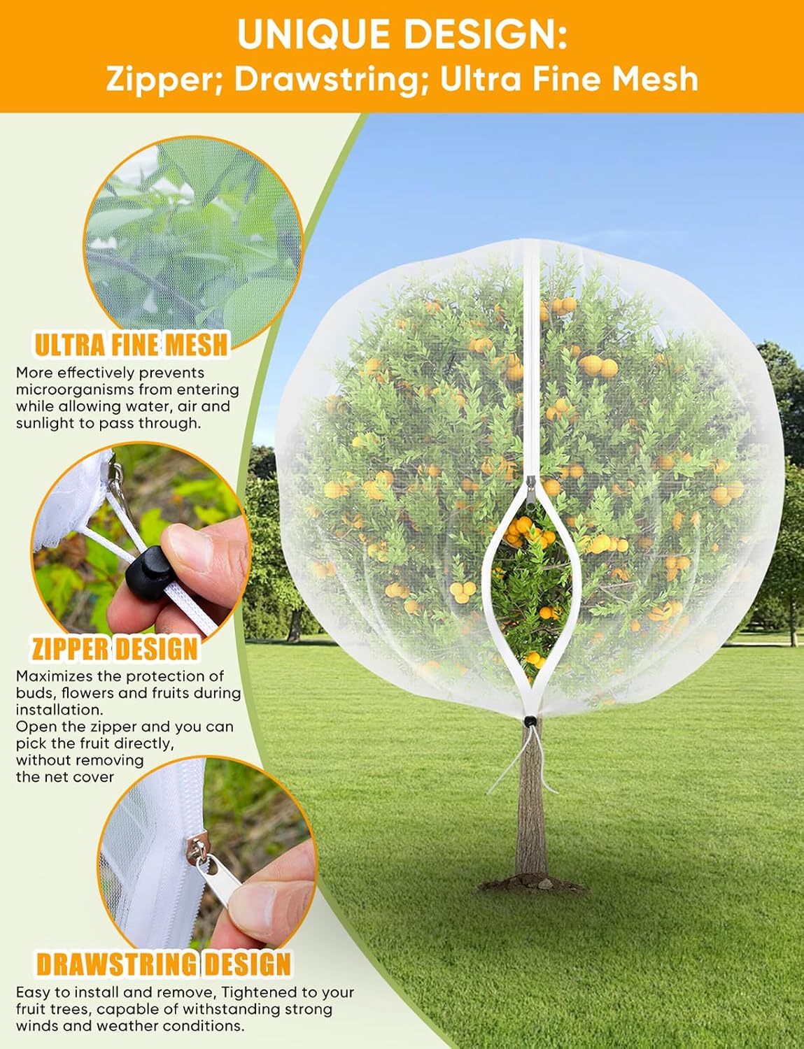VITI Fruit Tree Netting for Cicadas - with 4Pcs 8Ftx5.3Ft Zipper&Drawstring Protection for Your Fruit Trees Garden Bird