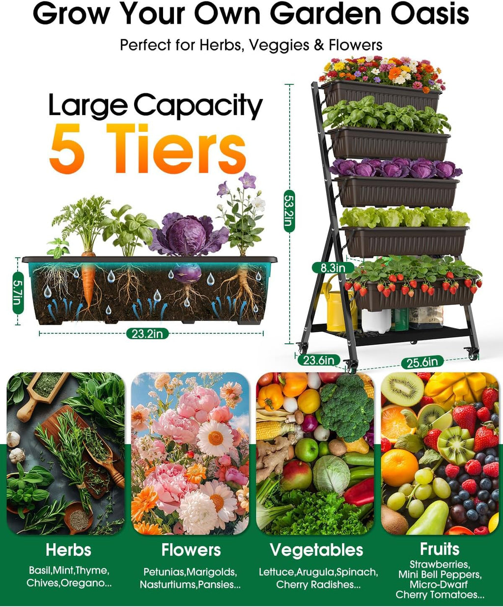 5-Tier Vertical Garden Bed Planter Boxes with Wheels, Drainage System & Storage Space, Mobile Vertical Garden Planter