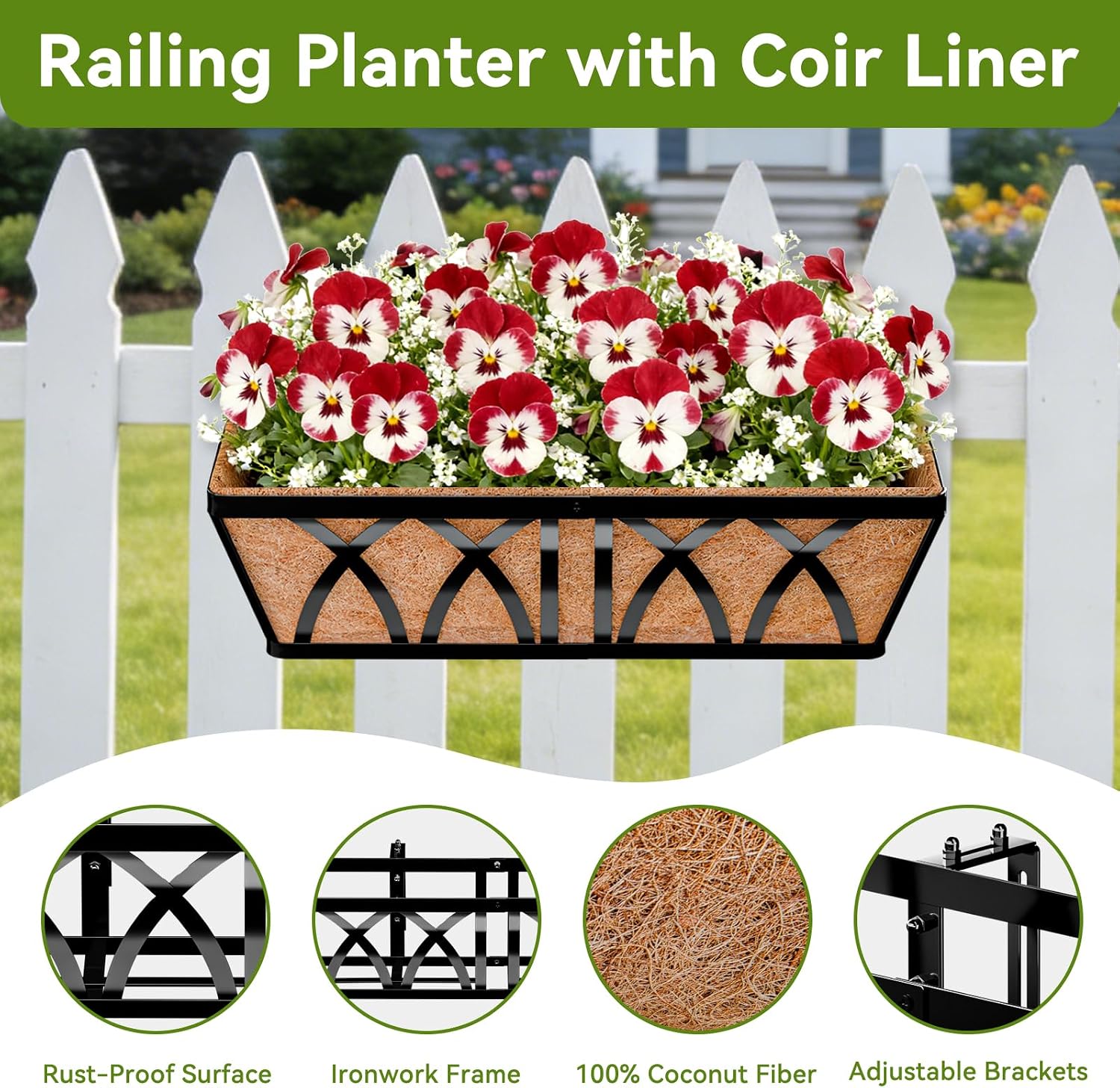 Halatool 24 Inch Railing Planter Box, 2 Pack Heavy Duty Window Box Planters | Metal Balcony Planters with Natural Coco