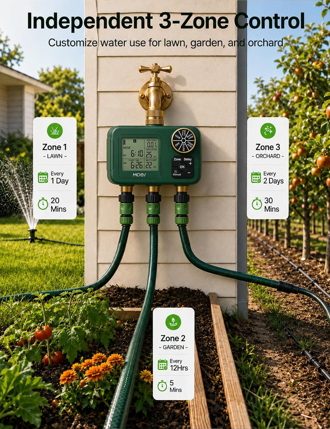 MOES 3-Zone Water Timer for Garden Lawn Hose, Brass 3/4 Inlet & Outlets | Independent Tripe-Outlet Sprinkler Timer