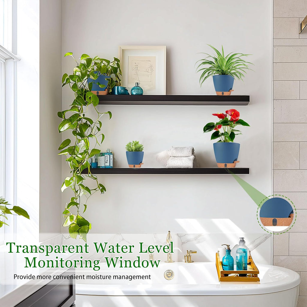 Self Watering Pots for Inoor Ourdoor Plants 8/7/6.5/6/5" Plastic Planters | Drainage Holes & Water Level Indicator