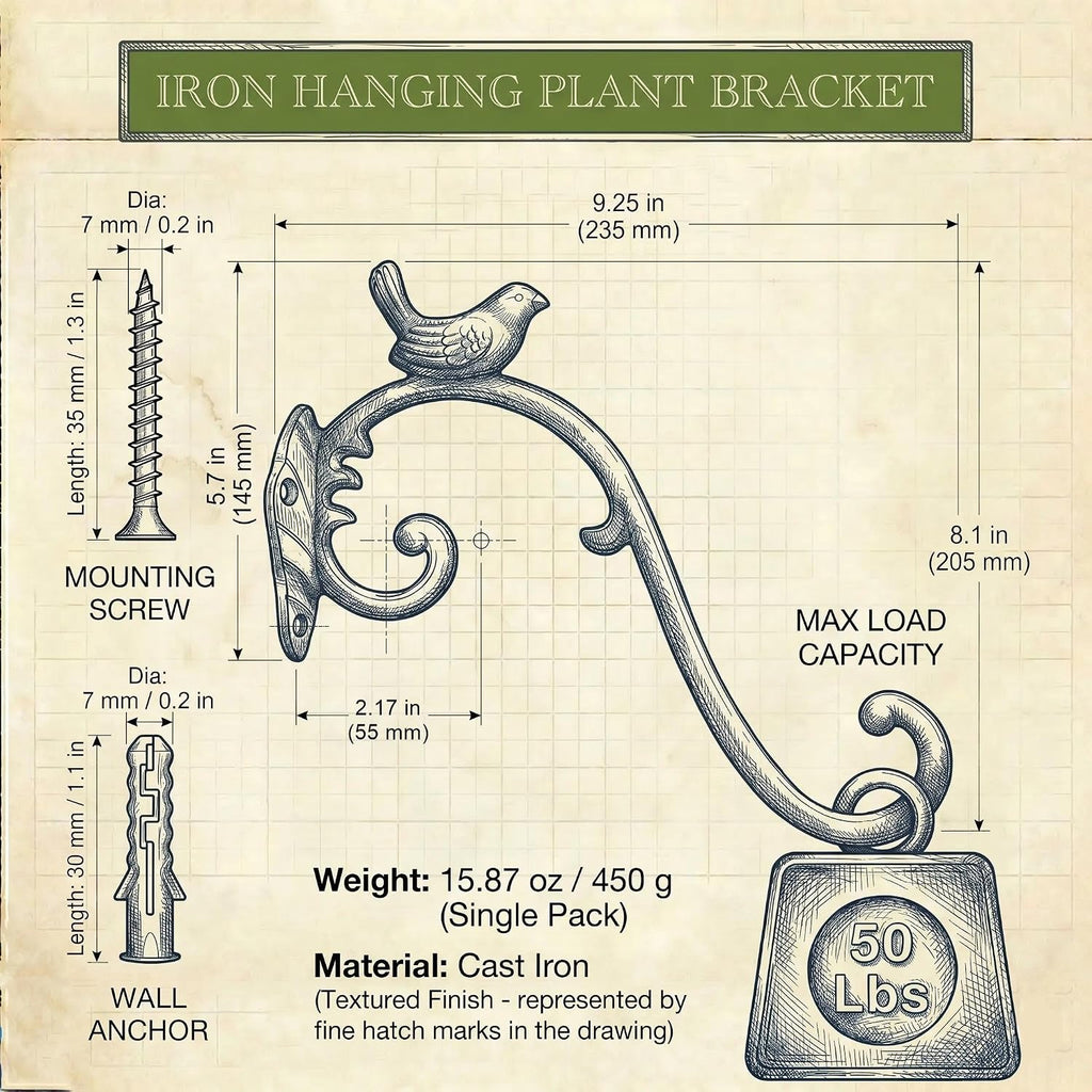 Z metnal Cast Iron Plant Hanger - Bird Rustic Wall Mounted Hanging Basket Holder for Outdoor Garden, Patio, Porch Decor