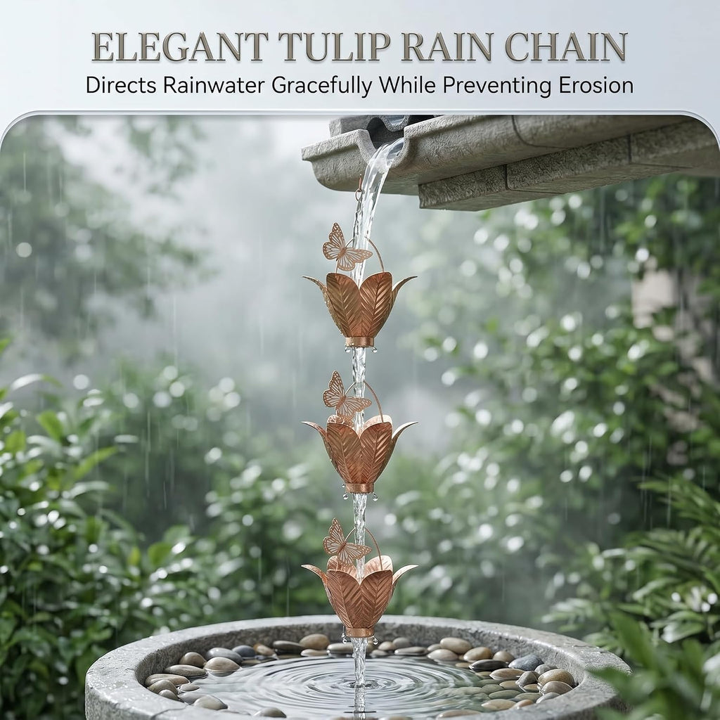 8.75FT Metal Rain Chain for Gutters | Decorative Tulip with Butterfly Cups, Outdoor Downspout Replacement Garden Decor