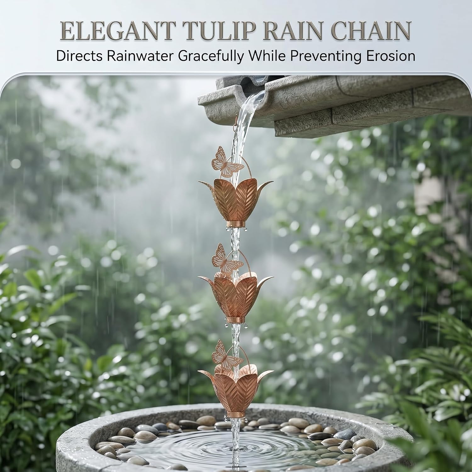 8.75FT Metal Rain Chain for Gutters | Decorative Tulip with Butterfly Cups, Outdoor Downspout Replacement Garden Decor