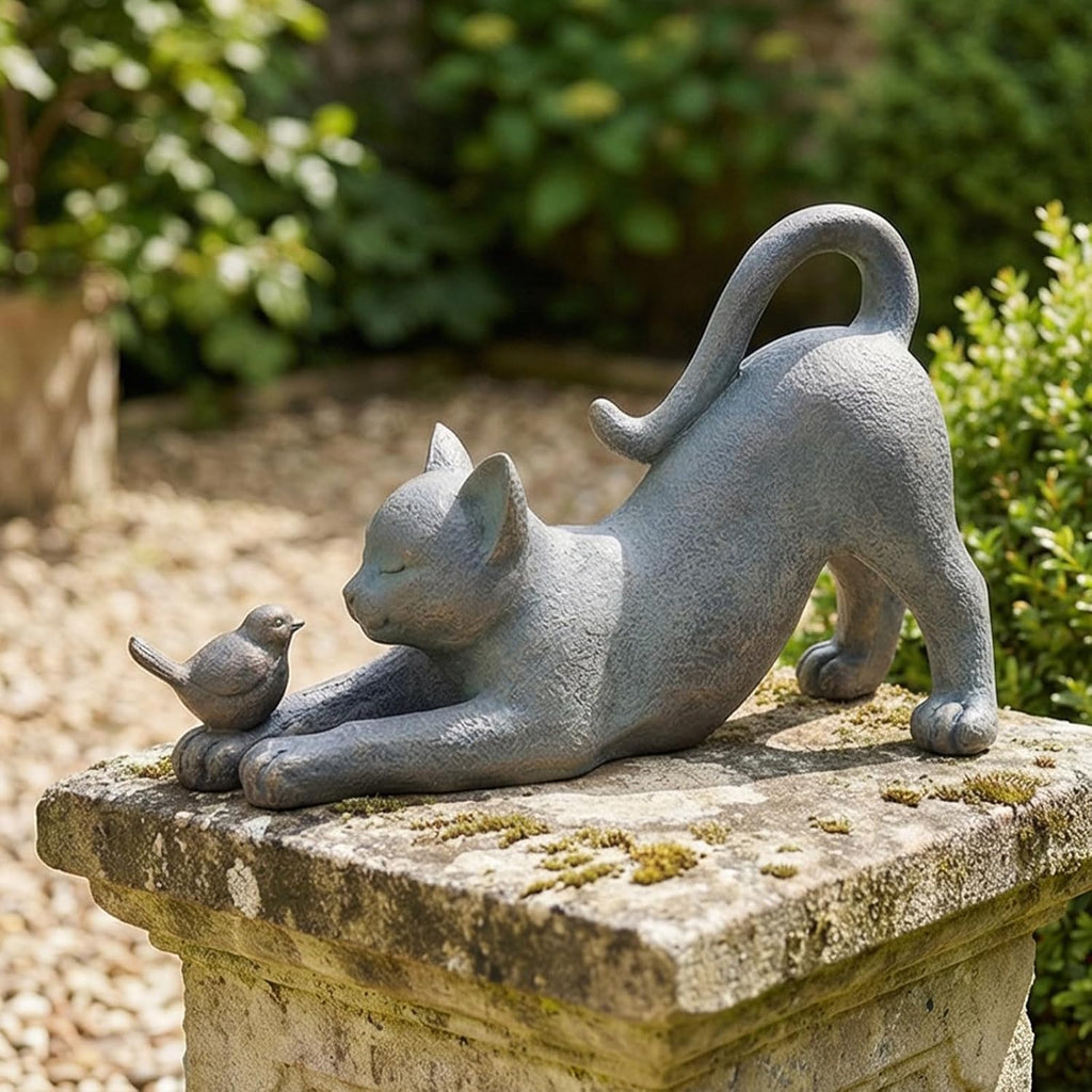 Cat Garden Statues Outdoor Cat-Figurines - Home Garden Decor 16 x 6 x 9.5 inch Resin Cats & Bird Playing Sculpture