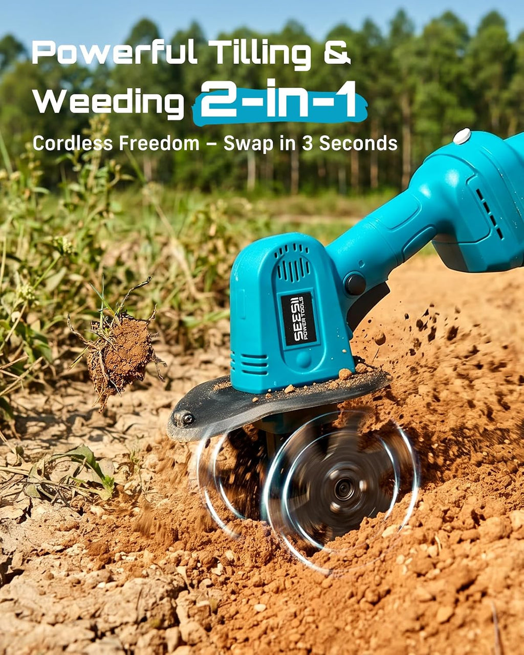 2-in-1 Cordless Tiller Cultivator with Removable Rod, Lightweight 4.9 lbs | 20V Handheld Electric Rototiller, 2 x 2.0Ah