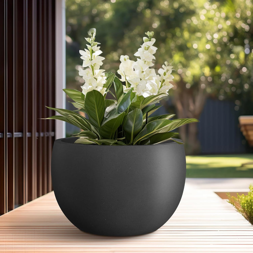 Kante Large Round Bowl Black Concrete Planter 20" Dia, Outdoor | Rubber Plug for Indoor, Drainage for Garden