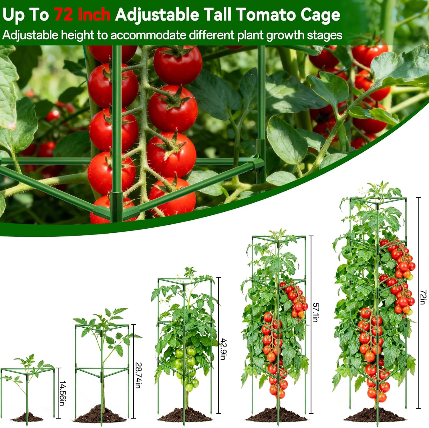 Halatool 72" Tomato Cages Heavy Duty, 4Pack Tomato Plant Support for Garden | Adjustable Metal Trellis for Pots &
