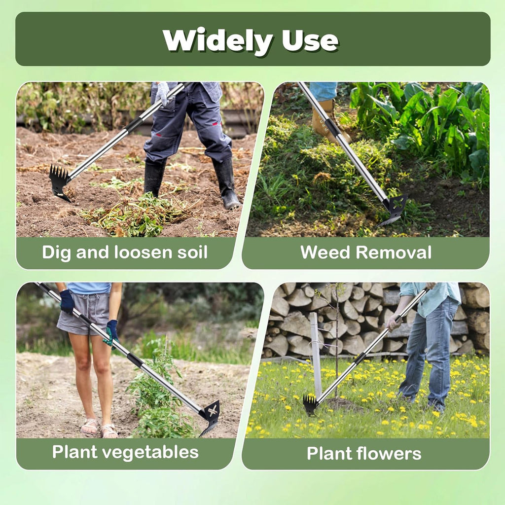 NICOFPHY Weed Puller Tool with Long Handle, Heavy Duty Garden Hoe and Rake | 60" Manual Weeder Remover Tool, 2 in 1