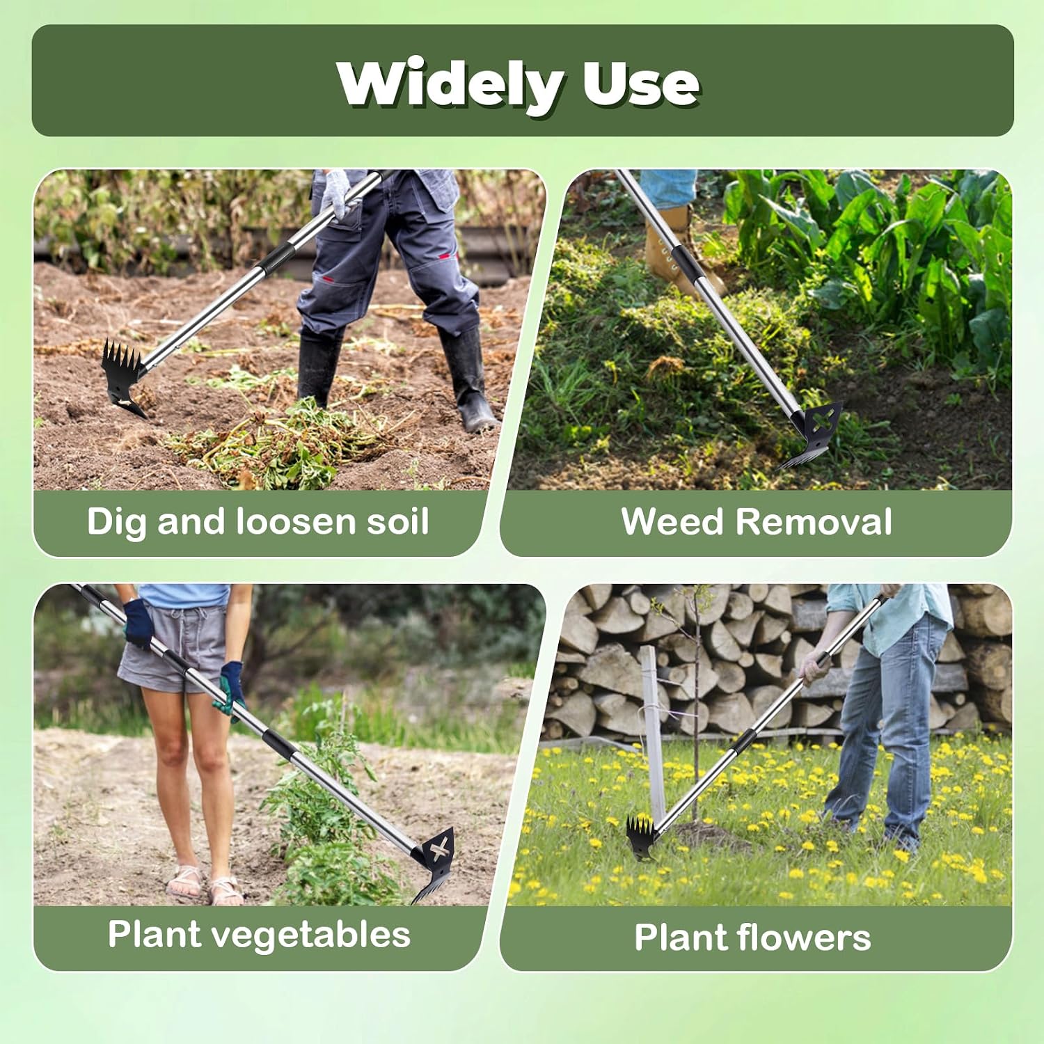 NICOFPHY Weed Puller Tool with Long Handle, Heavy Duty Garden Hoe and Rake | 60" Manual Weeder Remover Tool, 2 in 1