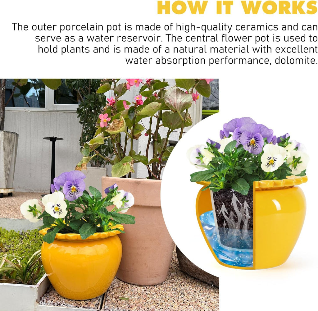 8in Self Watering Terracotta Planter - Yellow Ceramic Pot Maintenance Plant Seeder Planter for Indoor Plants African