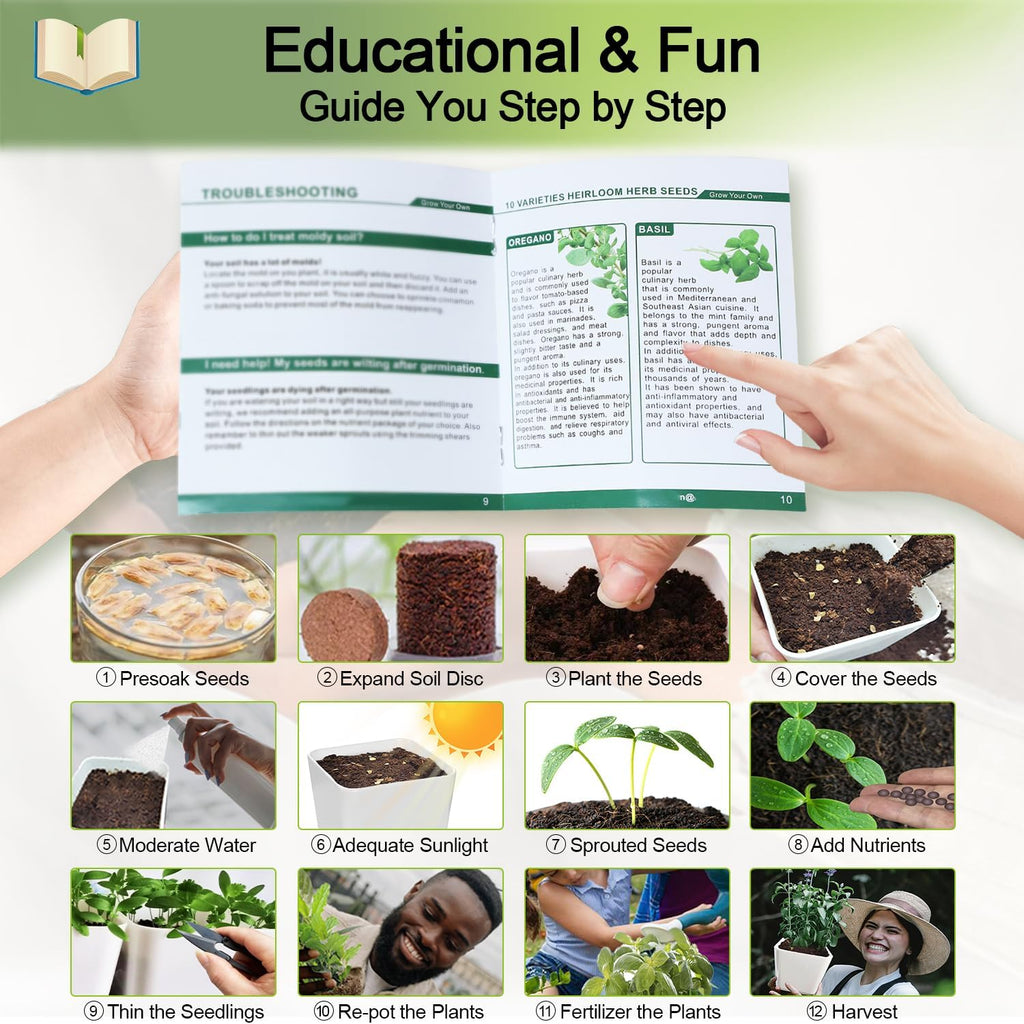 Indoor Herb Garden Kit – 10 Non-GMO Herb Seeds with Soil, Pots & Moisture Meter – Easy Windowsill Gardening Starter Set