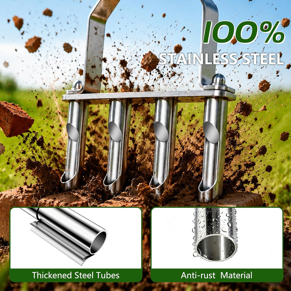 Stainless Steel Aerator Lawn Tool, Manual Core Aerator with 4 Hollow Tines | Heavy Duty Grass Aerator, Anti-Clogging