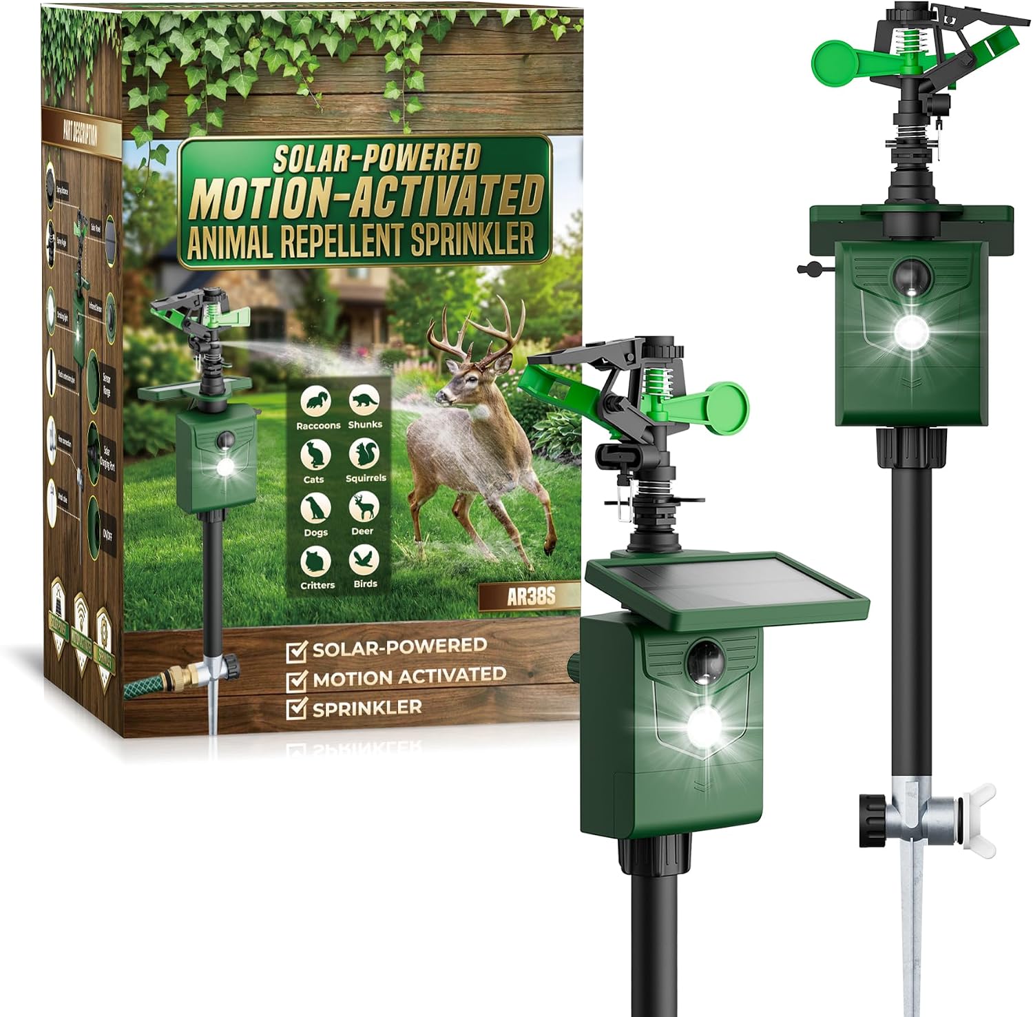 2 Packs Motion Activated Animal Repeller with Water Sprinkler, Deer Repellent Devices Solar Powered, IP65 Waterproof