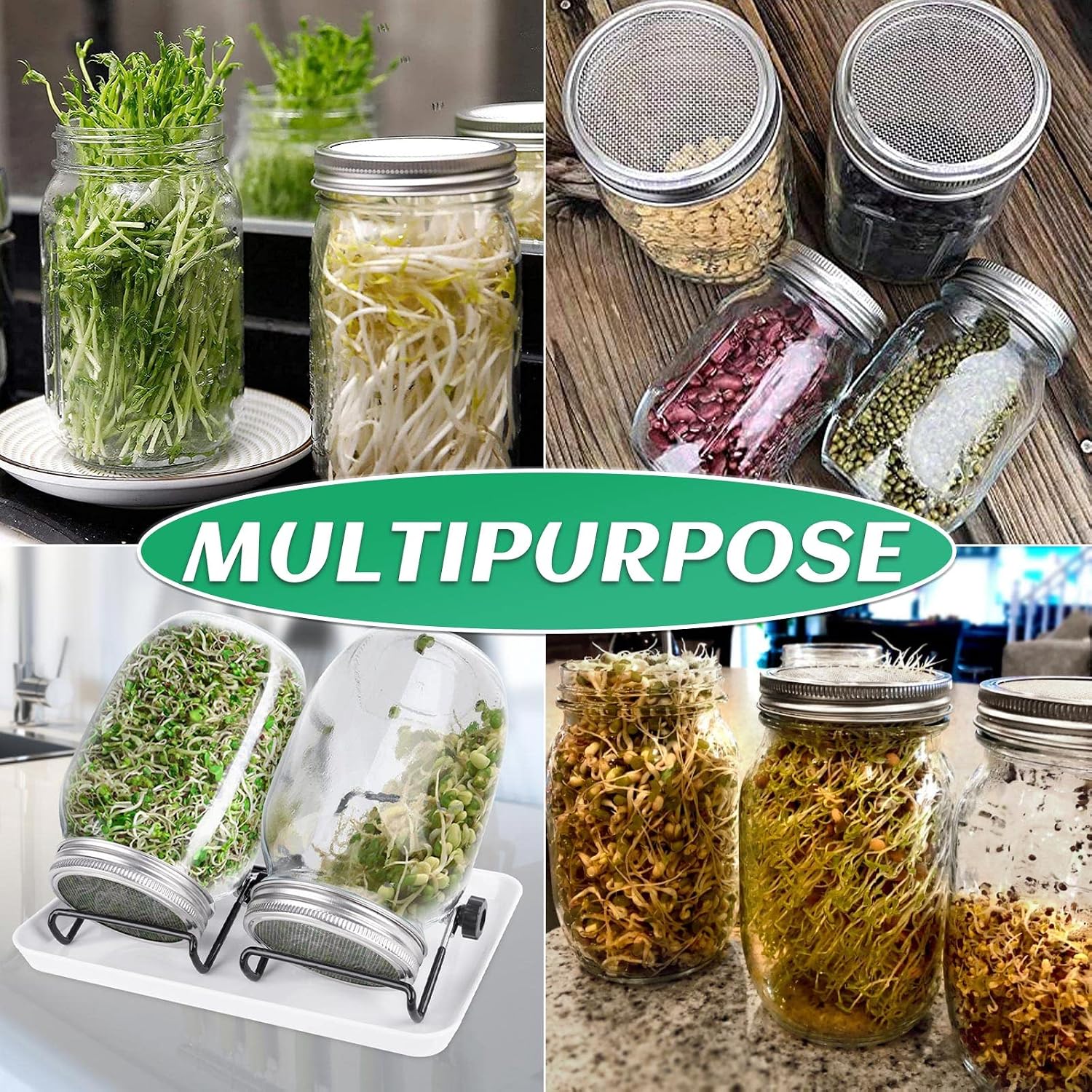 Kikerike Seed Sprouting Jar Kit with 2 Wide Mouth Mason Jars Bean Sprouts Growing Kit Microgreens Growing Jar with Mesh
