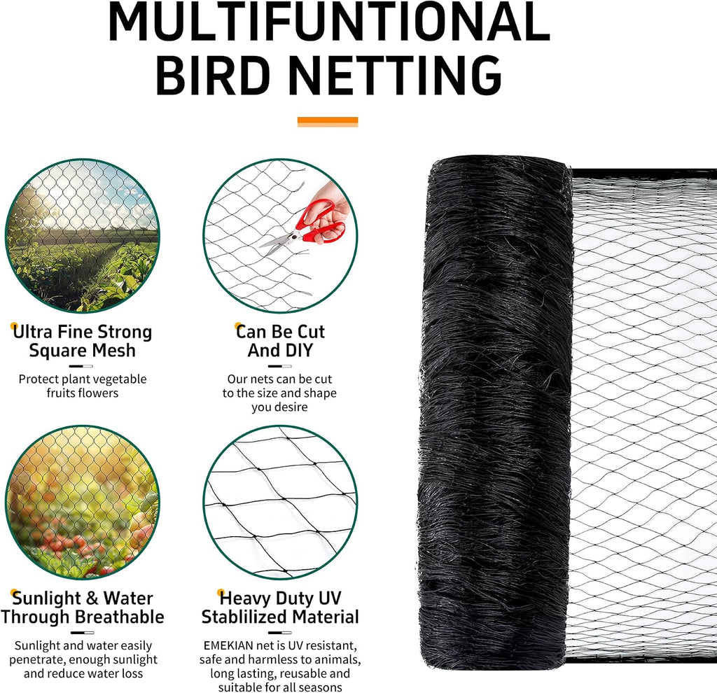 Garden Netting, 50' x 50' Heavy Duty Bird Netting Deer Fence Net, 1.6" Mesh Poultry Netting for Chicken Coop, Run &