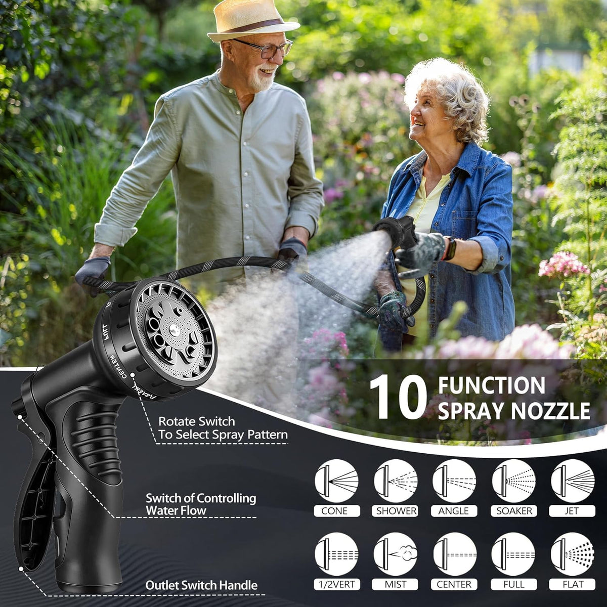 100 FT Non-Expandable Garden Hose, Lightweight Hose with 10 Function Spray Nozzle, Kink-Free Flexible Water Hose
