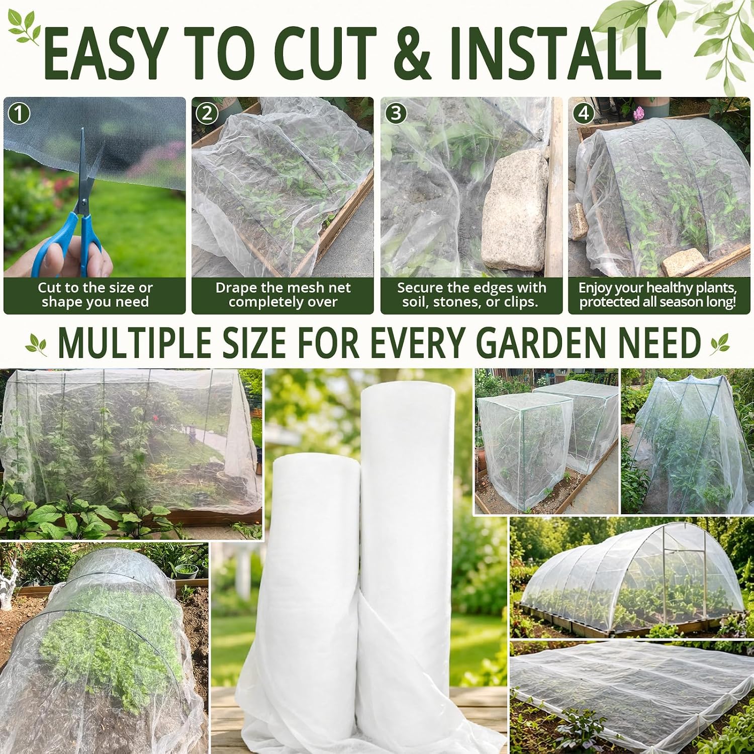 Roll Packed 4x100FT Garden Netting, Fine Mesh Insect Barrier for Plants | Mosquito Bug Bird Animal Pest Barrier Netting