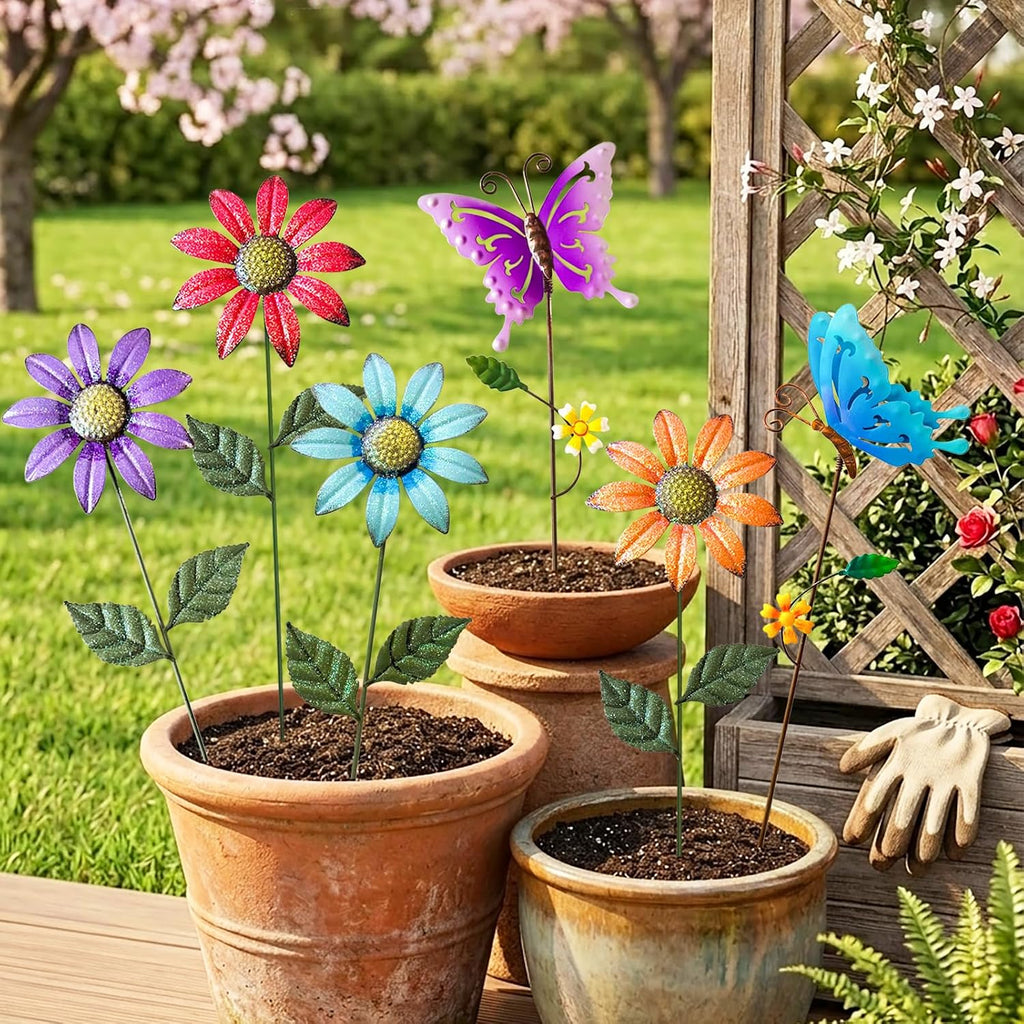 6Pack Metal Flowers for Outside，16.15" Decorative Garden Stakes | Metal Flowers &Butterfly Stakes For Spring Decor